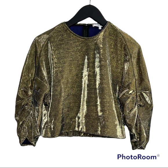 Tibi Ruched Sleeve Metallic Cropped Top - Picture 7 of 7